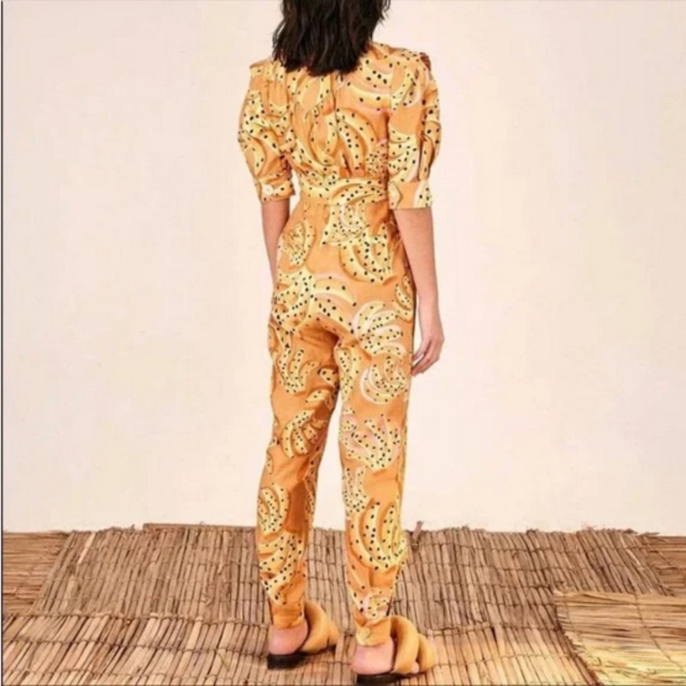 Farm Rio Carmel Raining Bananas Puff Sleeve Jumpsuit sizes S and M NWT - Picture 2 of 16